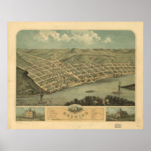 Affiches Carte panoramique antique du Minnesota 1868 rouges