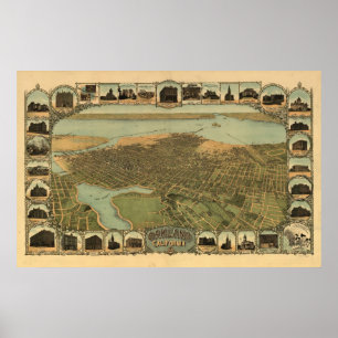 Affiches Carte panoramique antique Oakland California 1900