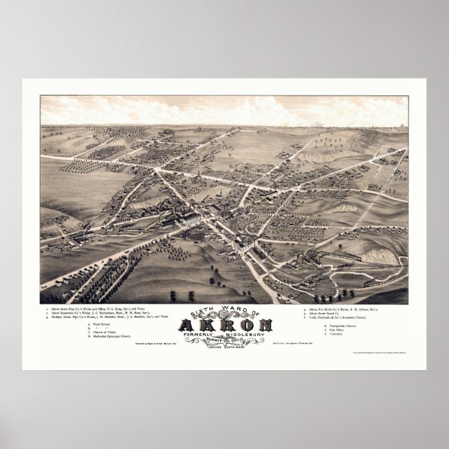 Affiches Carte panoramique d'Akron, OH - 1882 (Devant)