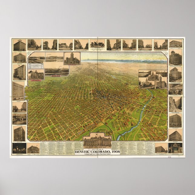 Affiches Carte panoramique Denver Colorado 1908 (Devant)