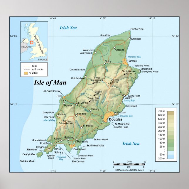 Affiches Carte topographique de l'île de Man (Devant)