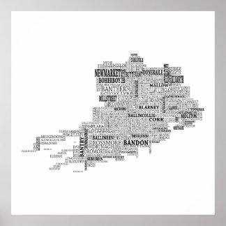 Affiches Carte typographique noire du comté de Cork, Irland
