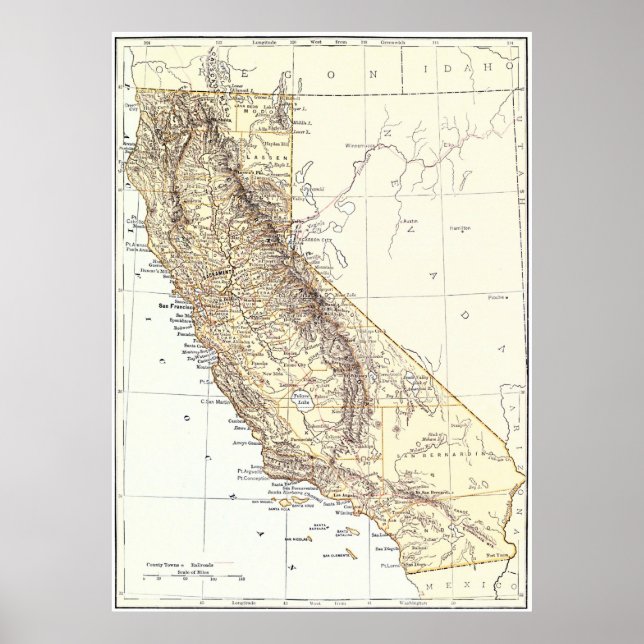 Affiches Carte vintage de Californie (1878) (Devant)