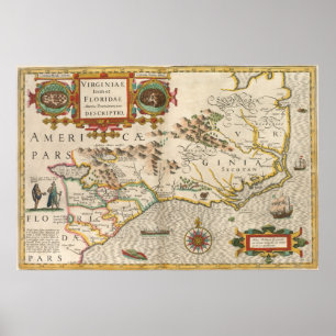 Affiches Carte vintage de Caroline du Nord (1638)
