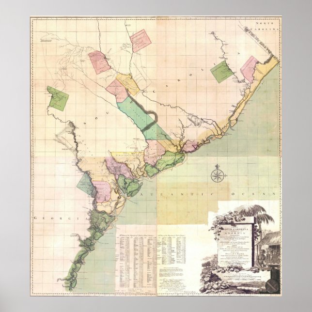 Affiches Carte vintage de Caroline du Sud (1757) (Devant)