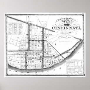 Affiches Carte vintage de Cincinnati Ohio (1841) BW