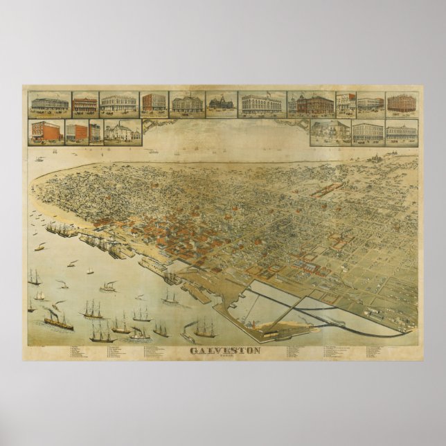 Affiches Carte vintage de Galveston TX (1885) (Devant)