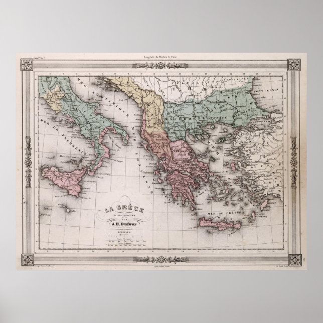 Affiches Carte vintage de Grèce et d'Italie (1852) (Devant)