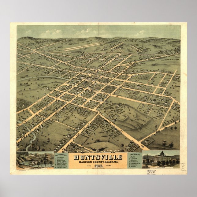 Affiches Carte vintage de Huntsville Alabama (1871) (Devant)