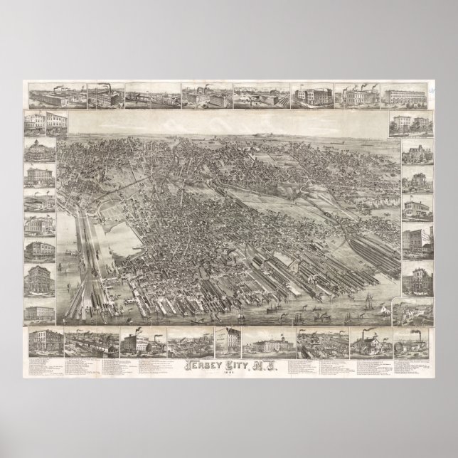 Affiches Carte vintage de Jersey City NJ (1883) (Devant)