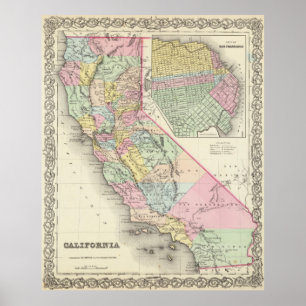 Affiches Carte vintage de la Californie (1856)