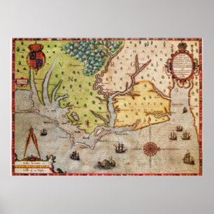 Affiches Carte vintage de la côte de Caroline du Nord (1591