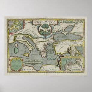 Affiches Carte vintage de la mer Méditerranée (1608)