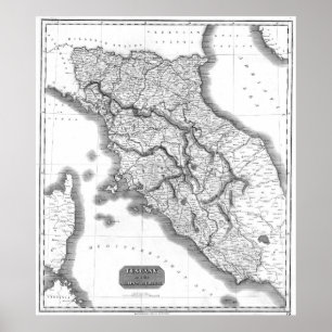 Affiches Carte vintage de la Toscane Italie (1814) BW