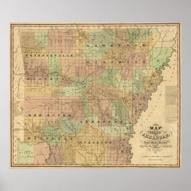 Affiches Carte vintage de l'Arkansas (1839) (Devant)