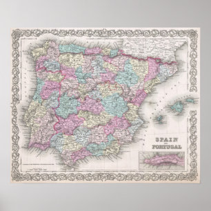 Affiches Carte vintage de l'Espagne (1855)