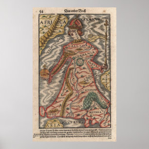 Affiches Carte vintage de l'Europe en tant que Reine (1570)