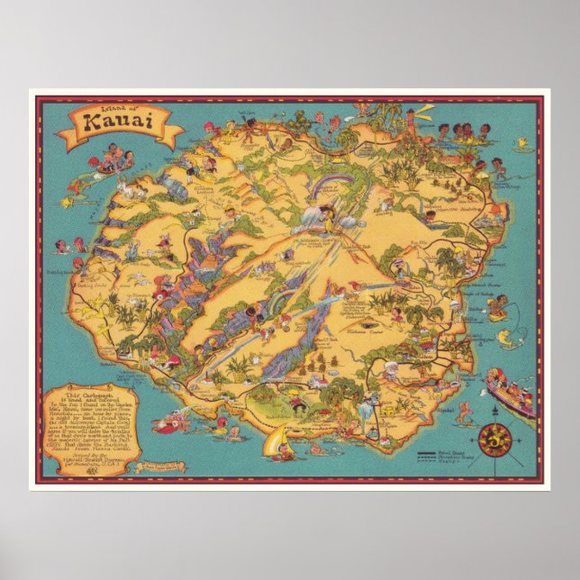 Affiches Carte vintage de l'île de Kauai (Devant)