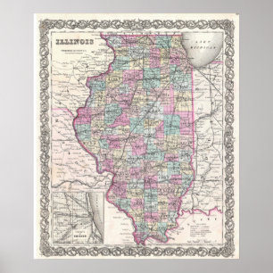 Affiches Carte vintage de l'Illinois (1855)