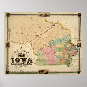 Affiches Carte vintage de l'Iowa (1845)