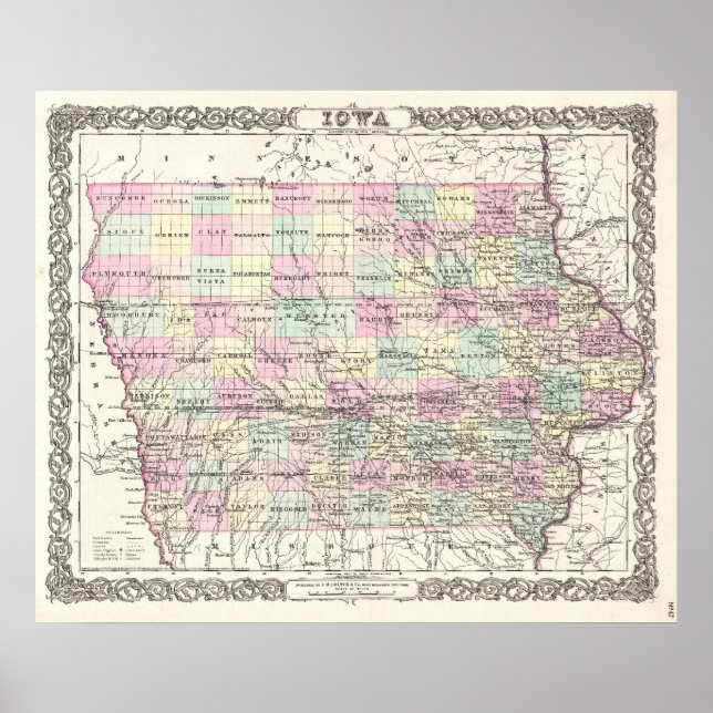 Affiches Carte vintage de l'Iowa (1855) (Devant)