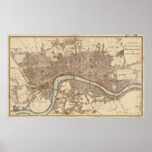 Affiches Carte vintage de Londres Angleterre (1807)