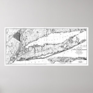 Affiches Carte vintage de Long Island New York (1842) BW