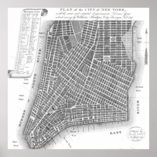 Affiches Carte vintage de Lower New York City (1807) BW