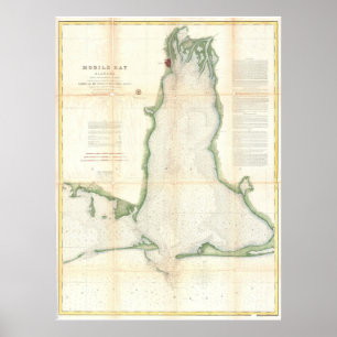 Affiches Carte vintage de Mobile Bay Alabama (1856)