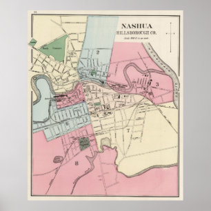 Affiches Carte vintage de Nashua NH (1877)