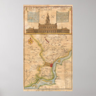 Affiches Carte vintage de Philadelphie Pennsylvanie (1750)