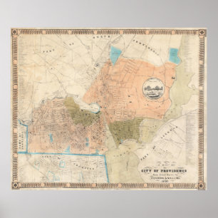 Affiches Carte vintage de Providence Rhode Island (1851)