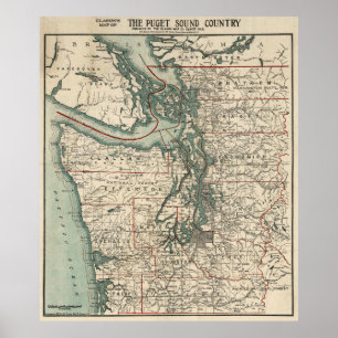 Affiches Carte vintage de Puget Sound (1910)