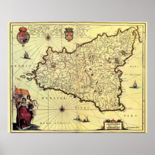 Affiches Carte vintage de Sicile Italie (1600)