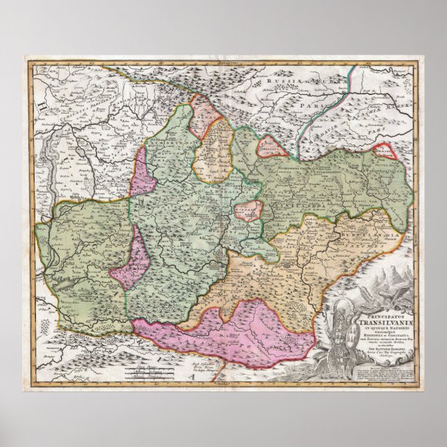 Affiches Carte vintage de Transylvanie (1720) (Devant)
