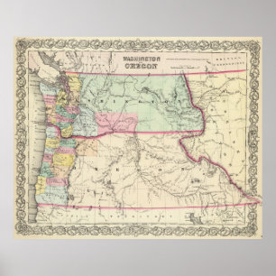 Affiches Carte vintage de Washington et de l'Orégon (1856)