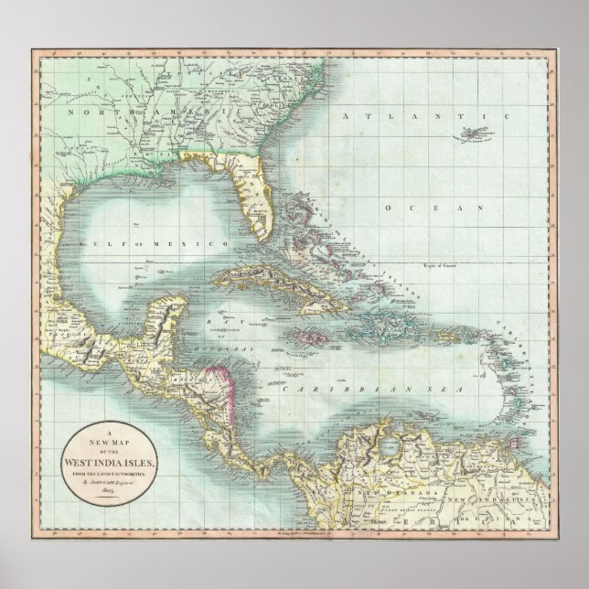 Affiches Carte vintage des Caraïbes (1803) (Devant)