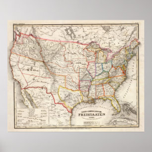 Affiches Carte vintage des États-Unis (1845)