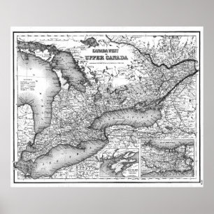 Affiches Carte vintage d'Ontario (1857) BW