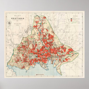 Affiches Carte vintage d'Oslo Norvège (1911)
