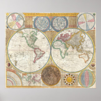 Affiches Carte vintage double hémisphère du monde