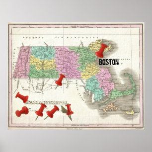 Affiches Carte vintage du Massachusetts (1827) Marqueur de 