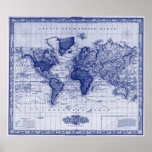 Affiches Carte vintage du monde (1833) Blanc & Bleu (Devant)