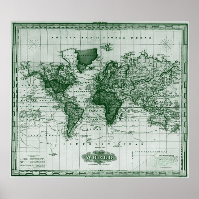 Affiches Carte vintage du monde (1833) Blanc & Vert (Devant)