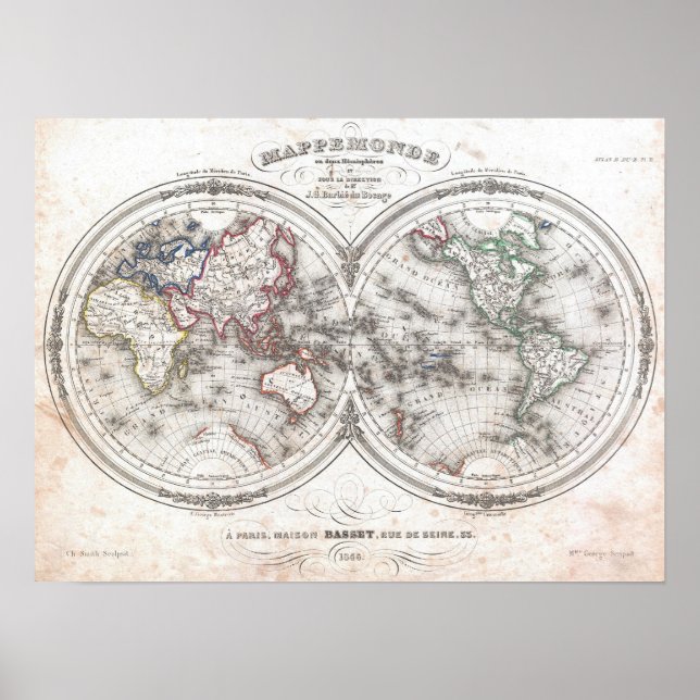 Affiches Carte vintage du monde (1848) (Devant)