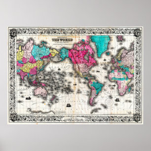 Affiches Carte vintage du monde (1852) - Stylisé