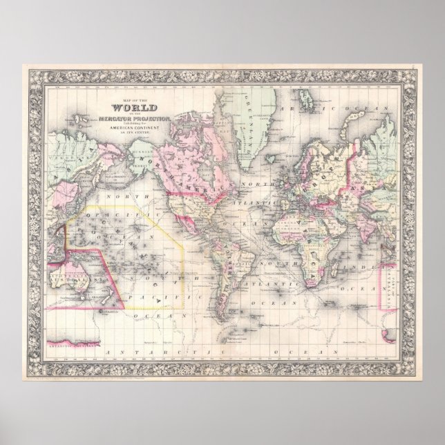Affiches Carte vintage du monde (1864) (Devant)