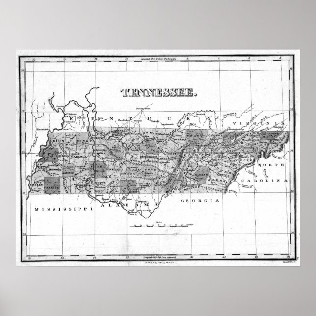 Affiches Carte vintage du Tennessee (1827) BW (Devant)