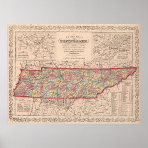 Affiches Carte vintage du Tennessee (1859)