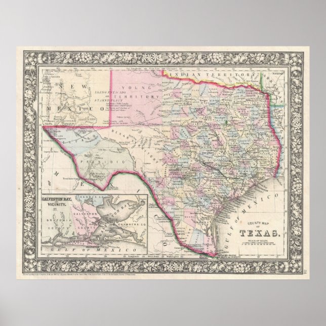 Affiches Carte vintage du Texas (1866) (Devant)